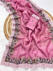 Beautiful Crush Georgette Chiffon with Multi-Thread work Flower-Bird Motif & <b>White</b> Border Saree-<b>Blouse</b> Set Indian Supplier - Product Image 2