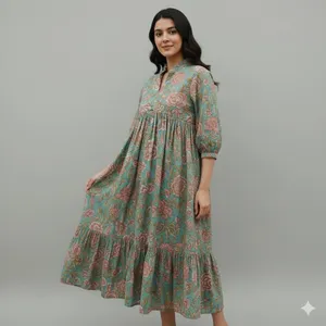 Robe maxi en coton 100% imprimée à la main, style bohème, col en V, manches bouffantes, robe d'été décontractée pour femmes - Product Image 2