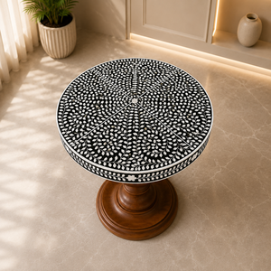 Table basse ronde en bois avec incrustations de os, faite à la main, table à manger moderne 4 places pour salon, sur mesure - Product Image 5