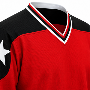 Jersey de Hockey sobre Hielo para Hombre, Rojo y Negro a Rayas, Cuello en V, Manga Larga, Tejido de Poliéster que Absorbe la Humedad - Product Image 2