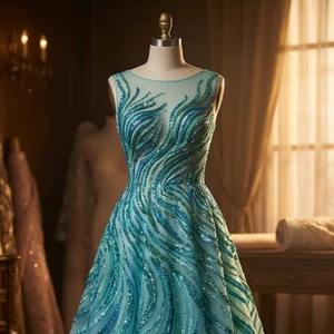 Vestido de Noche Azul Turquesa de Alta Calidad, Hecho a Mano con Cuentas, Vestido de Gala de Tul con Lentejuelas y Patrón de Ondas, Personalizado - Product Image 1