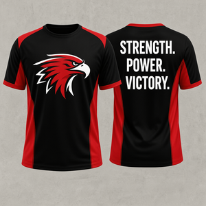 Camiseta Deportiva Unisex Negra y Roja de Manga Corta, Poliéster, Impresión por Sublimación, Diseño de Águila, Secado Rápido, Ajustada, Ropa Deportiva, Fuerza y Potencia - Product Image 1