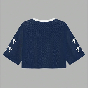 Ballet Football Women's Navy Blue <b>Mesh</b> <b>Crop</b> <b>Top</b> V-Neck Short Sleeve 07 Number Print Sporty Style Spring Summer - Product Image 3