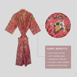 ชุดกิโมโนผ้าฝ้ายพิมพ์ลายดอกไม้ป่า สำหรับผู้หญิง คอวี แขนยาว ความยาวเต็มตัว มีกระเป๋าหน้า 2 ช่อง พร้อมเชือกผูกเอว ชุดนอน - Product Image 4