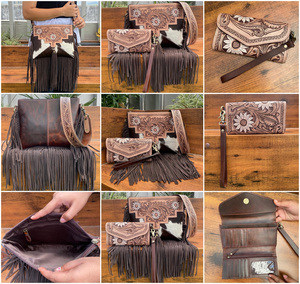 Nueva moda de alta calidad, bolso cruzado con flecos de cuero de vaca genuino y bolso de mano, conjunto combinado de 2 piezas para mujer - Product Image 3