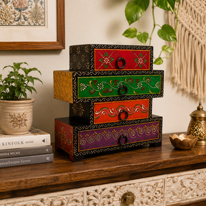 Handcrafted Traditional Wooden 4-Drawer <b>Storage</b> Chest | Hand-Painted <b>Stackable</b> Jewelry Makeup Organizer for <b>Wardrobe</b> Home Decor - Product Image 6