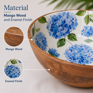 Bol de service en bois de manguier émaillé, motif floral d'hortensia bleu, fait main, sûr pour les aliments, bol à salade, à fruits, à collations, décoration de cuisine, cadeau - Product Image 3