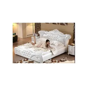 Европейская антикварная дизайнерская мебель для спальни, кожаная Роскошная мягкая кровать большого размера, изготовленная из дерева