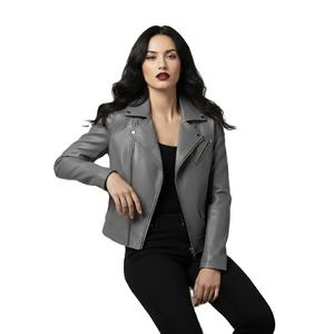 Veste de motard en cuir gris ajustée pour femmes, vente en gros personnalisée, prix d'usine, style moto authentique, manteau pour femmes, service OEM - Product Image 1