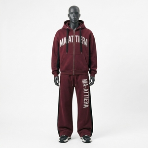 <b>Men</b> <b>Burgundy</b> Oversized Zip Up <b>Hoodie</b> and Wide Leg Sweatpants Two Piece Tracksuit Set - Product Image 3