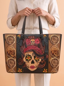 Hand Tooled Leather Large (>50cm) Weekender Duffel Bag Large Capacity Portable Shoulder Length Handle <b>Travel</b> <b>Tote</b> Zipper Closure - Product Image 5