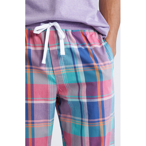 Ensemble pyjama à carreaux pour hommes, t-shirt à manches courtes et pantalon long, vêtements de nuit en coton tricoté, vêtements de maison décontractés d'été - Product Image 5