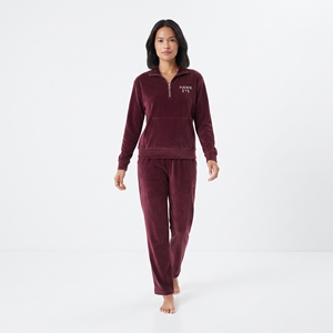 <b>Women's</b> Casual Velvet 2 Piece Burgundy Fleece Sweatsuit Half <b>Zip</b> <b>Top</b> Wide Leg Trousers Winter Velour Tracksuit Set - Product Image 4
