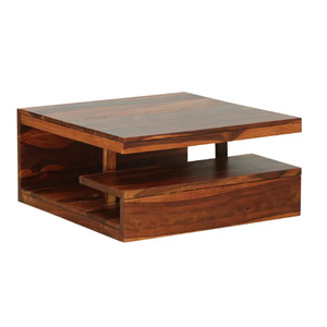 Mesa de Centro Moderna de Madera de Teca Sólida con Estante Abierto para Sala de Estar, con Acabado Natural - Product Image 1