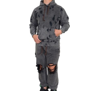 Ensemble de survêtement tie-dye pour homme, sweat-shirt à capuche à manches longues en coton coupe ample et pantalon déchiré, tenue décontractée pour l'automne - Product Image 1