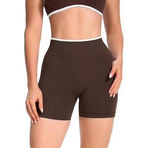 Shorts marron tricotés en spandex taille haute personnalisés pour femme – Sportifs, respirants, taille élastique, coupe ajustée, pour l'entraînement - Product Image 3