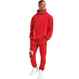 GULLSTAR YOGA INDUSTRY Survêtement à capuche rouge pour homme, manches longues, couleur unie, motif étoiles imprimé, tenue décontractée 100% coton - Product Image 2