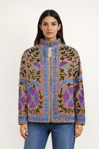 RAJASTHANI TEXTILE Autumn Winter Coats Dusty Rose Velvet Blouson <b>Jacket</b> Customizable Embroidery Floral Pattern <b>Mandarin</b> <b>Collar</b> - Product Image 5