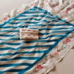 Sari de Lino y Algodón de Diseño para Mujer, Estampado Floral a Rayas, Informal, para Oficina, Uso Diario, Sari Étnico con Blusa - Product Image 5