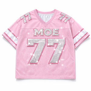 T-shirts courts personnalisés roses en maille avec strass pour femmes, maillots de football américain style équipe avec numéro personnalisé et paillettes, OEM, marque privée, vente en gros - Product Image 2