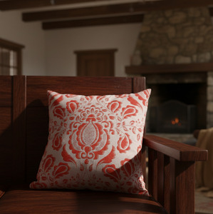Traditional Damask and Floral <b>Print</b> Square <b>Cushion</b> Cover in Cream and Coral Red, Ready Stock Available18X18 - Product Image 3