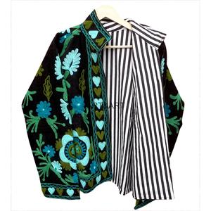 Handmade Corduroy Quilted Jacket Floral Embroidery Blazer Mandarin Collar Full Sleeve <b>Covered</b> <b>Button</b> Closure Cotton Lining - Product Image 3
