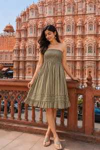Olive Green Striped Strapless Modern 100% Cotton Summer <b>Dress</b> Shoulder Smocked Midi Sundress Casual Beach <b>Ruffle</b> Holiday - Product Image 2