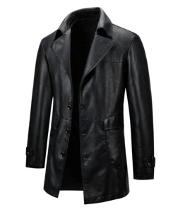 Blouson long en cuir noir pour homme, coupe ajustée, col rabattu, simple boutonnage, grande taille, style motard, hiver, anti-plis, en cuir de mouton - Product Image 5