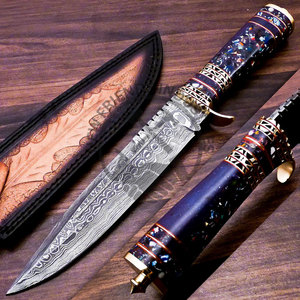 Couteau de chasse Bowie en acier Damas fait main, édition neuve, avec manche en laiton et acrylique, lame fixe, couteau tactique, couteau de survie - Product Image 2