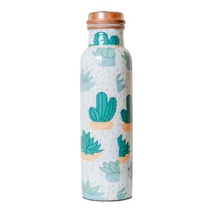 Bouteille d'eau en cuivre pur à motif cactus avec bouchon en cuivre anti-fuite, gourde métallique réutilisable écologique pour l'hydratation quotidienne et les cadeaux - Product Image 1