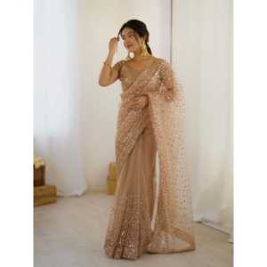 Sari de créateur à silhouette droite pour les fêtes, en tissu organza avec sequins et travail Dori, taille naturelle - Product Image 1