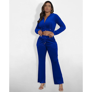 Women's Blue Velvet Cropped Hoodie And Jogger <b>Pants</b> Set Full Zip Long Sleeve Loose Fit Casual Two Piece Tracksuit With Pockets - Product Image 3