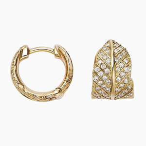 Feather Shape Diamond <b>Huggie</b> Earrings Yellow Gold Channel Setting Women Luxury Everyday Wear - Product Image 3
