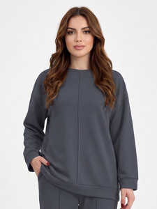 Conjunto de Sudadera Oversize y Pantalones de Pierna Recta con Ribete en Contraste, Color Liso, Cuello Redondo, Estilo Casual para Otoño, Personalizable con tu Marca - Product Image 4
