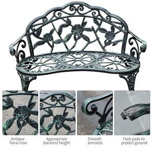 Panca da Giardino Moderna con Design Floreale a Rosa, Sedia a Due Posti in Alluminio Pressofuso Verde Antico per Patio, Parco, Terrazza - Product Image 5
