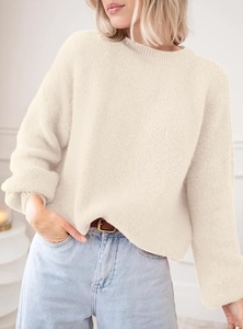 Pull en tricot à col rond et manches chauve-souris pour femme, couleur unie, décontracté, automne, 100% acrylique, manches longues, tricoté à la main - Product Image 2