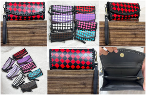 OEM & ODM Custom Tooled Cowhide Leather Long Wallet Red & Black Checkered Secure Cash Card & Coin Organizer Women's Clutch <b>Purse</b> - Product Image 3