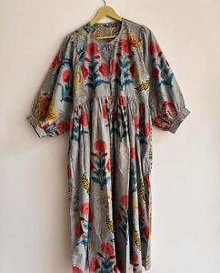 OEM New Boho Floral Print Maxi <b>Dress</b> With Puff Sleeves <b>Loose</b> Fit O-Neck Breathable Cotton Casual Women <b>Dress</b> Spring Style - Product Image 1