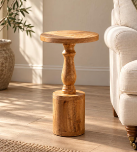 Table d'appoint de luxe en bois massif, base en bloc de balustre tourné, table à boisson artisanale en bois massif pour petit salon - Product Image 3