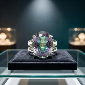 Anillo llamativo de plata de ley 925 con topacio místico arcoíris engastado en punta para mujer - Product Image 4