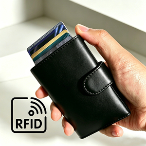 Castello เคสหนังเคลือบน้ำมันคุณภาพดีเยี่ยม, ซองใส่บัตรอลูมิเนียม RFID กระเป๋าสตางค์สีดำปล่อยเร็ว - Product Image 5