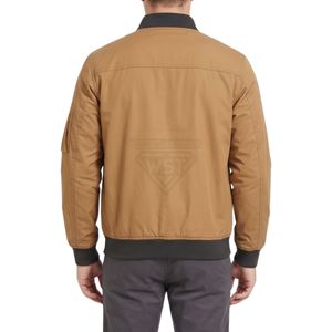 Tan Camel Heritage Breathable Bomber <b>Jackets</b> Contrasting Dark Brown Rib Knit Trim Large Front Patch Pockets Polyester <b>Jackets</b> - Product Image 2