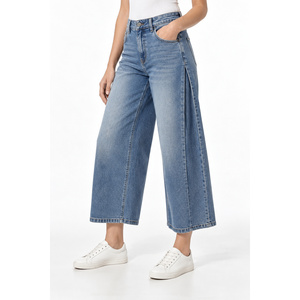 Jean Culotte Femme Taille Mi-Haute Coupe Large Style Boyfriend Bleu Vintage - Product Image 3