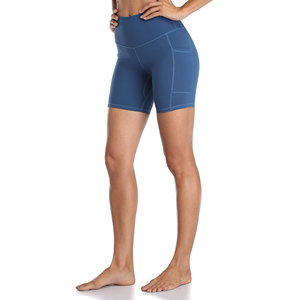 <b>Women</b> Dark <b>Blue</b> High Waist Printed Workout <b>Shorts</b> With Pockets Breathable Elastic Waist Sporty Style Knitted Spandex Polyester - Product Image 4