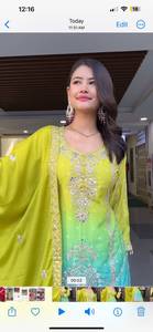 Conjunto de Kurti, Palazzo y Dupatta para Mujer, Bordado en Verde Lima Degradado, Traje de Boda Tradicional Largo hasta el Suelo, Completamente Cosido, Listo para Usar - Product Image 3