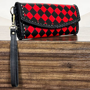 2026 Handcrafted Tooled Cowhide Leather Long <b>Wallet</b> Red & Black Checkered <b>Secure</b> Cash Card & Coin Organizer Women's Clutch Purse - Product Image 4