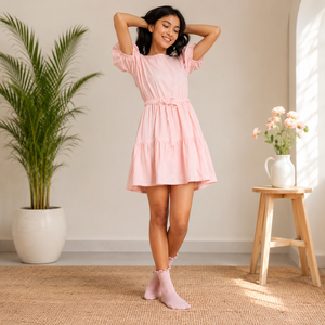 Vestido Mini de Algodón Rosa, Corte en A, con Manga Corta, Cintura Elástica con Cordón, Estilo Casual de Verano, Holgado, Color Sólido - Product Image 1