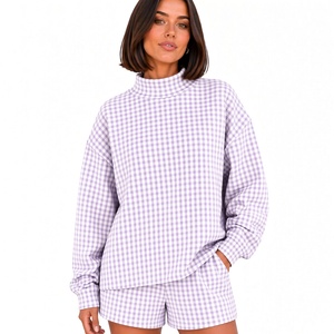 Ensemble de shorts en coton tricoté jaune à carreaux pour femmes, de qualité supérieure, 2 pièces, col roulé, coupe ample, tenue décontractée pour le printemps et l'été - Product Image 5