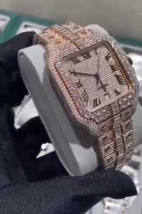 Montre de luxe pour homme en or rose sertie de diamants carrés, cadran romain en acier inoxydable, montre automatique de poignet haut de gamme - Product Image 4