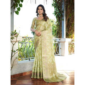 Sari Patola en organza vert pistache tissé Zari pour femme, collection Elite Weaves, idéal pour les mariages, en stock - Product Image 1